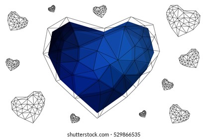 Dark blue heart isolated on white background. Geometric rumpled triangular low poly origami style gradient graphic illustration. Vector polygonal design for your business.
