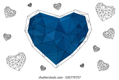 Dark blue heart isolated on white background. Geometric rumpled triangular low poly origami style gradient graphic illustration. Vector polygonal design for your business.