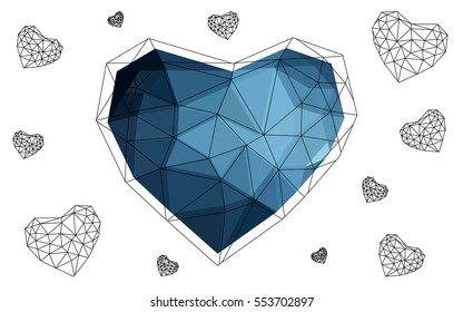 Dark blue heart isolated on white background. Geometric rumpled triangular low poly origami style gradient graphic illustration. Vector polygonal design for your business.
