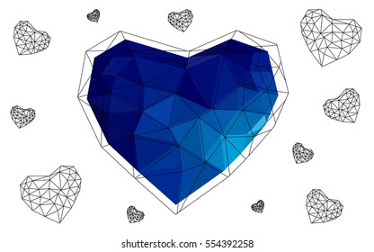 Dark blue heart isolated on white background. Geometric rumpled triangular low poly origami style gradient graphic illustration. Vector polygonal design for your business.