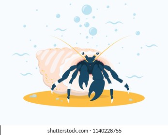 Dark Blue Hermit Crab on The Seabed. Background With Cartoon Sea Creature, Waves and Bulbs. Colorful Smile Character. Vector Illustration.