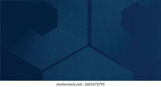 Dark blue hexagon abstract background with glowing arrow lines technology futuristic concept. Modern shiny blue geometric abstract