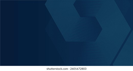Dark blue hexagon abstract background with glowing arrow lines technology futuristic concept. Modern shiny blue geometric abstract