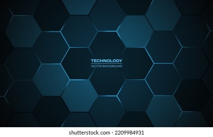 Dark blue hexagon abstract technology background with blue colored bright flashes under hexagon. Hexagonal gaming vector abstract tech background.