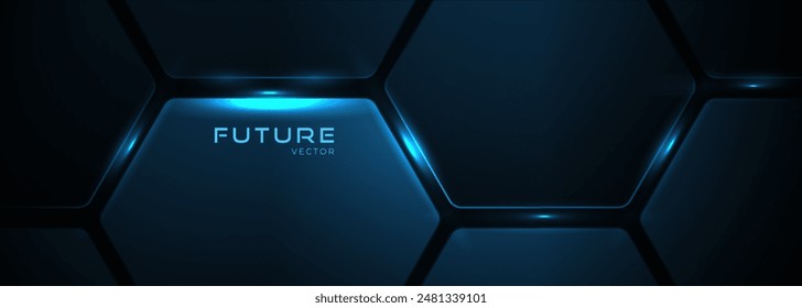 Dark blue hexagon abstract technology background with light blue colored bright flashes under hexagon. Hexagonal gaming vector abstract tech wide banner.