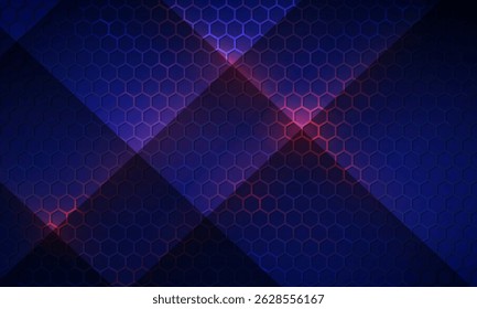 Fundo de tecnologia abstrata de hexágono azul escuro com flashes brilhantes de cor vermelha sob hexágono. Vetor de jogo hexagonal abstrato fundo tecnológico.