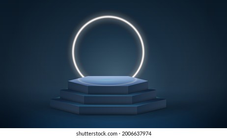 Dark and blue hexagon podium with neon ring on background in empty room