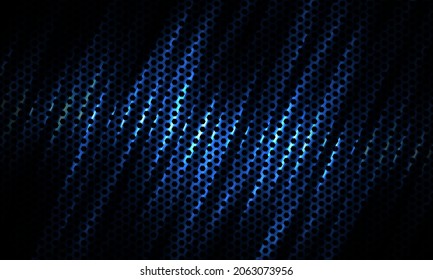 Dark blue hexagon technologies sport background with carbon fiber. Technology honeycomb abstract vector background with blue bright flashes. Hexagonal gaming background.