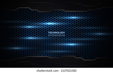 Dark blue hexagon technology carbon fiber background with bright flashes and tech shapes frame border. Tech honeycomb abstract vector background with blue bright flashes. Hexagonal gaming background.