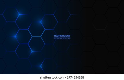 Dark blue hexagonal technology vector abstract background. Blue bright energy flashes under hexagon in modern technology futuristic background vector illustration. Navy blue honeycomb texture grid.