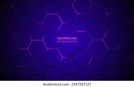 Dark blue hexagonal vector technology abstract background. Pink bright energy flashes under hexagon in modern technology futuristic background honeycomb vector illustration.