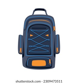 Dark blue hiking backpack with orange zippers isolated on white background. Goods for leisure and travel. Vector illustration.