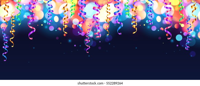 Dark blue holiday background with colorful shining bokeh and serpentine