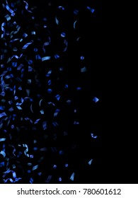 Dark blue holiday realistic confetti flying on black card background. VIP tinsel sparkle elements flying, gradient foil texture serpentine streamers confetti falling party backdrop.