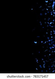 Dark blue holiday realistic confetti flying on black poster background. Luxurious tinsel sparkle elements flying, gradient foil texture serpentine streamers confetti falling New Year background.