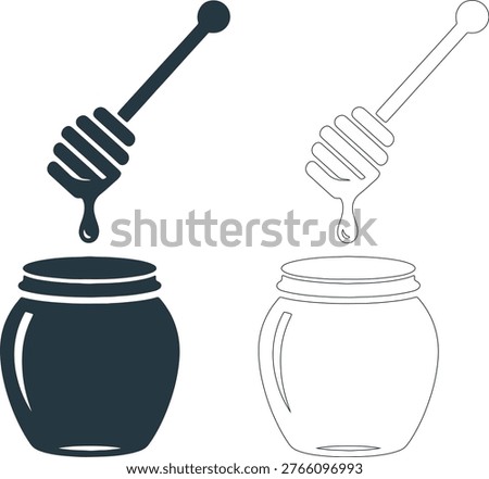 Dark blue honey jar with dripping dipper and outline version