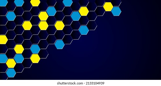 Fondo horizontal azul oscuro con peines de miel de color amarillo azul. Patrón moderno de tecnología abstracta, fondo azul. EPS vectorial 10