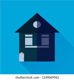 Dark blue house flat style, icon on blue background, vector