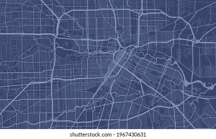 Dark blue Houston city area vector background map, streets and water cartography illustration. Widescreen proportion, digital flat design streetmap.