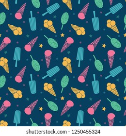 Dark blue ice cream and candy seamless pattern. Great for yummy summer dessert wallpaper, backgrounds, packaging, fabric, scrapbooking, and giftwrap projects. Surface pattern design.