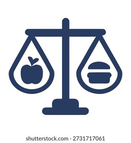 Dark blue icon of a balance scale with an apple on one side and a hamburger on the other food