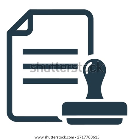 A dark blue icon of a document with a rubber stamp on a