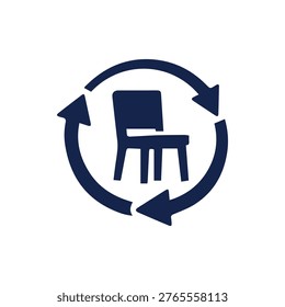 A dark blue icon featuring a chair within a recycling arrow symbol emphasizing furniture circularity and environmental sustainability.