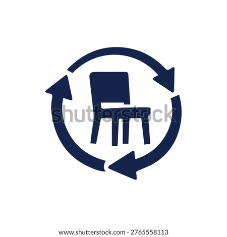 A dark blue icon featuring a chair within a recycling arrow symbol emphasizing furniture circularity and environmental sustainability.