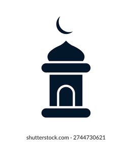 A dark blue icon of a mosque with a dome and crescent moon