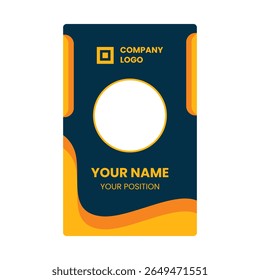 A dark blue ID badge with yellow accents features a logo, photo placeholder, name position text, and curved design elements, conveying a professional, modern aesthetic.