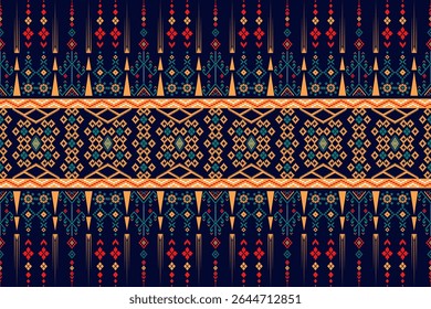Dark blue Ikat fabric pattern from NTT (Nusa Tenggara Timur), Indonesia, displaying intricate and vibrant geometric motifs, reflecting indigenous weaving art.