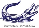 A dark blue illustration of an alligator emerging from water with a fish in its mouth
