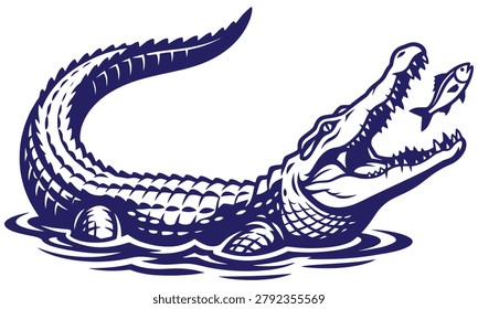 A dark blue illustration of an alligator emerging from water with a fish in its mouth
