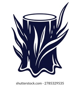 A dark blue illustration of a tree stump surrounded by green leaves