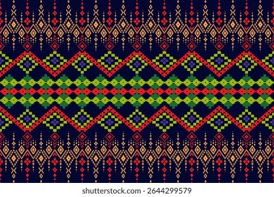 Dark blue indigenous fabric pattern with striking, colorful geometric motifs, evoking a sense of tribal art and unique culture.