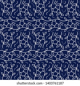 Dark blue indigo seamless vector pattern. Floral fabric or porcelain surface design.