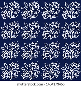 Dark blue indigo seamless vector pattern. Floral fabric or porcelain surface design.