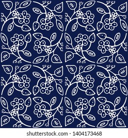 Dark blue indigo seamless vector pattern. Floral fabric or porcelain surface design.