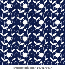 Dark blue indigo seamless vector pattern. Floral fabric or porcelain surface design.