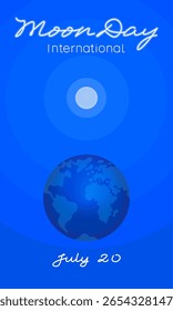 Fundo azul escuro do Dia Internacional da Lua. 20 de julho. Lua ilumina o planeta Terra no espaço. Banner vertical Moon para colocação de texto, promoção em redes sociais, publicidade, etc.