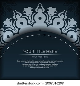Dunkelblaue Einladungskartenvorlage mit weißem abstraktem Ornament. Elegante und klassische Vektorelemente sind ideal für die Dekoration.