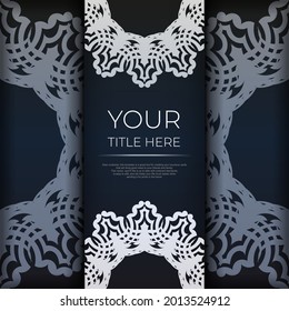Plantilla de tarjeta de invitación azul oscuro con ornamentos blancos indios. Elementos vectoriales elegantes y clásicos listos para la impresión y la tipografía.