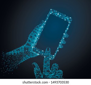 Dark blue isolated illustration communication app smartphone concept.  Polygonal wireframe closeup empty screen in holding man hand