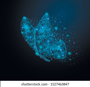 Dark blue isolated illustration flying butterfly concept.  Polygonal wireframe closeup in the form of a starry sky, lines, dots, polygon
