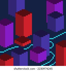Dunkelblauer, irsometrischer Hintergrund mit 3D-Tallblöcken, pixeled gerendert