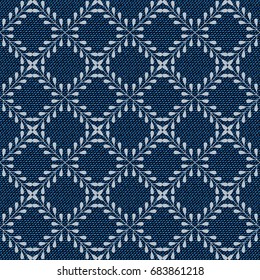 Dark blue jeans seamless texture. Denim background with floral geometric pattern. Can be used for wallpaper, pattern fills, web page background, surface textures. Denim texture