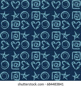 Dark blue jeans seamless texture. Denim background with stars, hearts, spirals. Can be used for wallpaper, pattern fills, web page background, surface textures. Denim texture