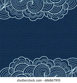 Dark blue jeans texture. Denim background with hand drawn lace. Can be used for wallpaper, pattern fills, web page background, surface textures. Denim texture