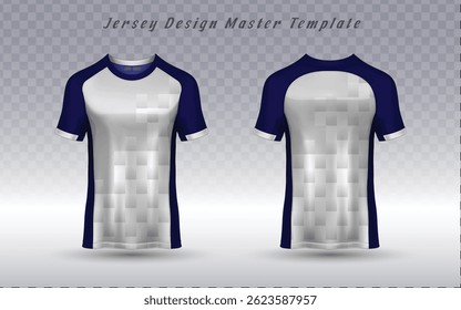 Dark blue jersey template with abstract layered cube texture in grey and white, perfect for modern sports teams, tech-inspired athletic wear, or urban performance apparel.