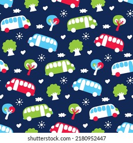 Dark blue kids transport print with car. Seamless pattern with cartoon school bus for baby boy product design. Hand-drawn vehicle rides. Nursery wallpaper. Cute infant picture. Vector illustration.